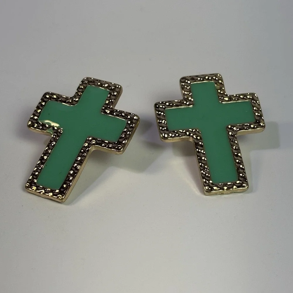 Cross Earrings Religious‎ Crucifix Green Enamel On Gold Tone Huge
